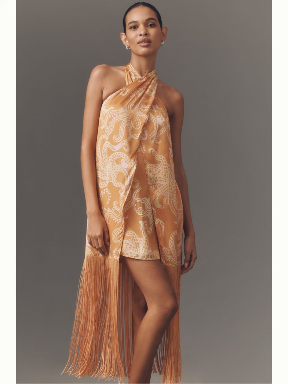 Farm Rio x Anthropologie Halter Fringe Satin Mini Dress